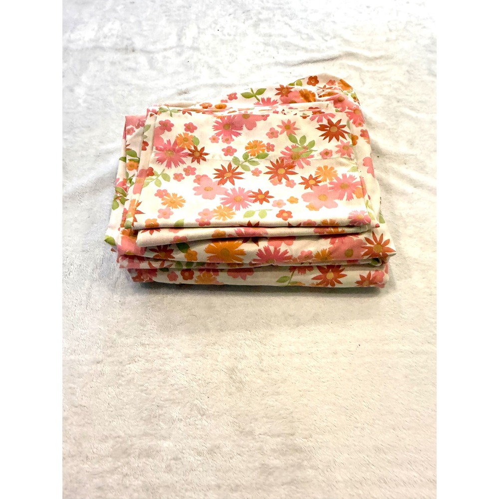 Vintage Sears Perma-Prest Floral Full Fitted Sheet and 2 Pillowcases Pink Orange